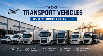 Różne pojazdy transportowe wykorzystywane w europejskiej logistyce, w tym samochody dostawcze, ciężarówki, naczepy i pojazdy chłodnicze